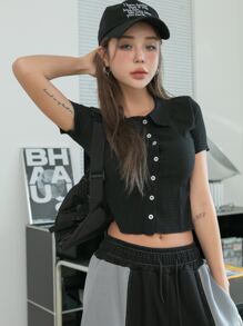 DAZY Áo sơ mi crop top có nút cài chắc chắn - màu đen - Xem 3