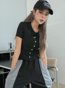 DAZY Áo sơ mi crop top có nút cài chắc chắn - màu đen - Xem 5