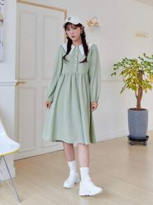 DAZY Half Button Contrast Peter Pan Collar Smock Dress - Mint Green - View 1