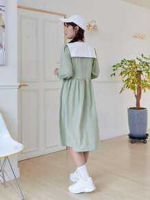 DAZY Half Button Contrast Peter Pan Collar Smock Dress - Mint Green - View 2