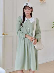 DAZY Half Button Contrast Peter Pan Collar Smock Dress - Mint Green - View 3