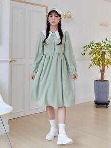 DAZY Half Button Contrast Peter Pan Collar Smock Dress - Mint Green - View 4