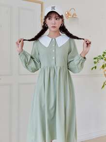 DAZY Half Button Contrast Peter Pan Collar Smock Dress - Mint Green - View 5