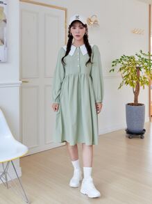 DAZY Half Button Contrast Peter Pan Collar Smock Dress - Mint Green - View 6