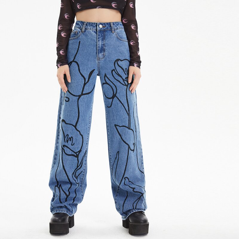 

High Waist Floral Print Wide Leg Jeans, Medium wash