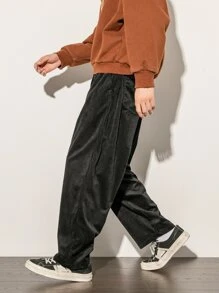 Manfinity Hypemode Men Slant Pocket Corduroy Wide Leg Trousers - Black - View 5