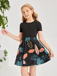SHEIN Girls Tropical Print A-line Dress - Black - View 1