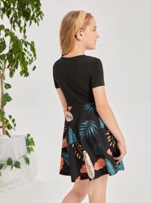 SHEIN Girls Tropical Print A-line Dress - Black - View 2