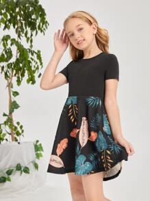 SHEIN Girls Tropical Print A-line Dress - Black - View 4