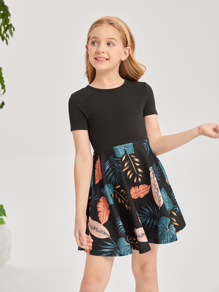 SHEIN Girls Tropical Print A-line Dress - Black - View 5