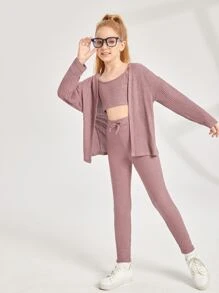 SHEIN Girls Waffle Knit Drop Shoulder Coat & Trousers With Cami Top - Dusty Pink - View 2