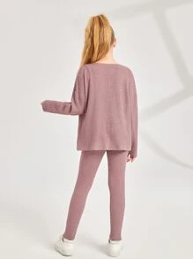 SHEIN Girls Waffle Knit Drop Shoulder Coat & Trousers With Cami Top - Dusty Pink - View 3