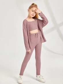 SHEIN Girls Waffle Knit Drop Shoulder Coat & Trousers With Cami Top - Dusty Pink - View 1