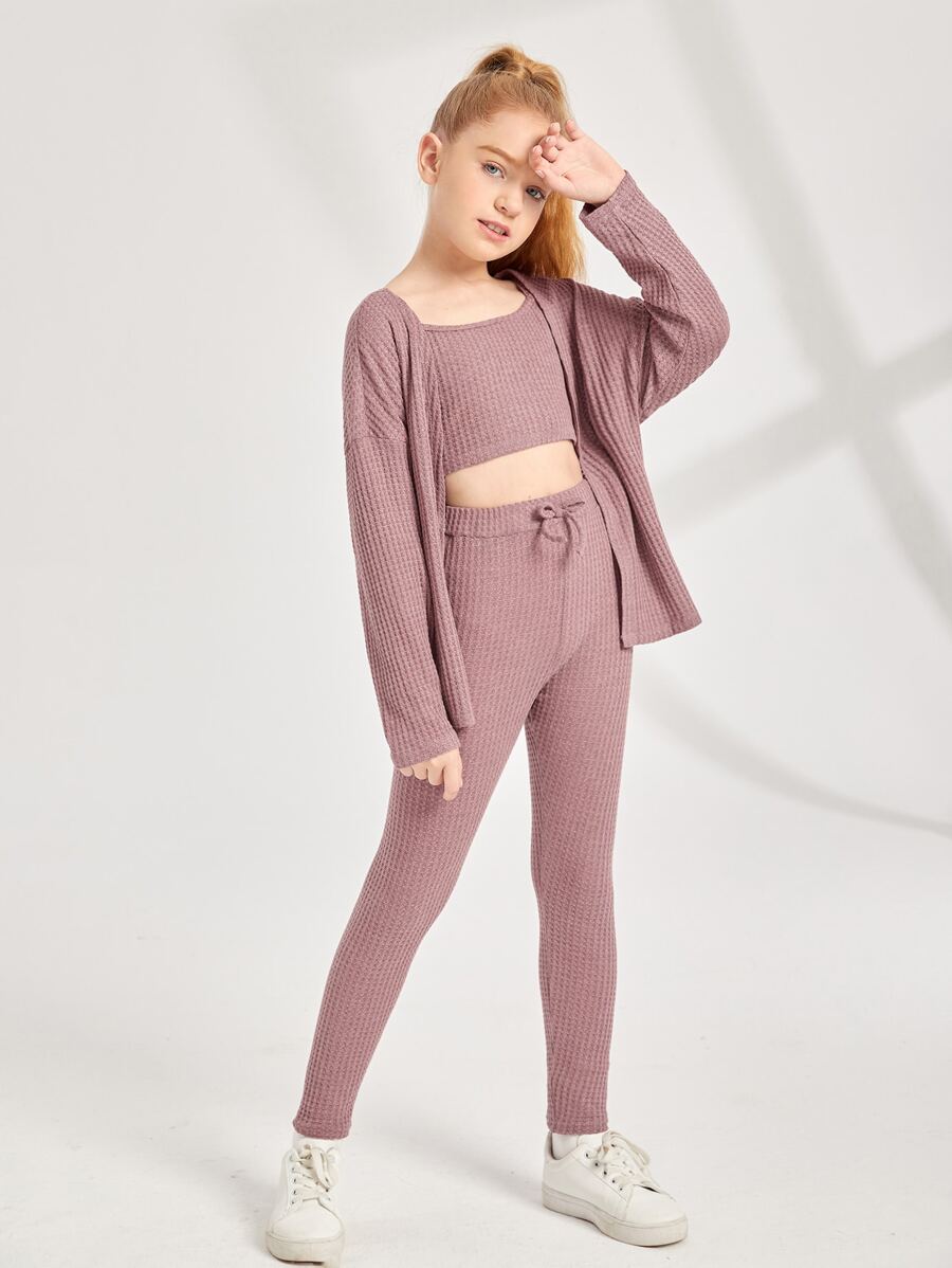 SHEIN Girls Waffle Knit Drop Shoulder Coat & Trousers With Cami Top - Dusty Pink - View 1