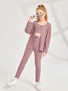 SHEIN Girls Waffle Knit Drop Shoulder Coat & Trousers With Cami Top - Dusty Pink - View 4
