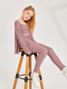 SHEIN Girls Waffle Knit Drop Shoulder Coat & Trousers With Cami Top - Dusty Pink - View 5