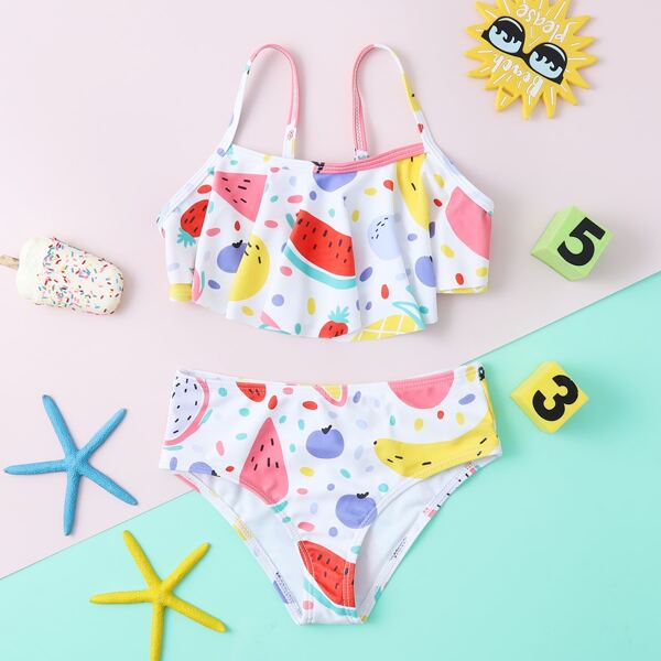 

Toddler Girls Fruit Print Flounce Bikini Swimsuit, Multicolor
