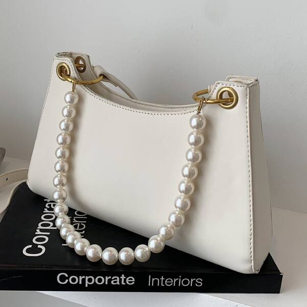 

Minimalist Faux Pearl Decor Baguette Bag, White