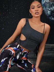 SHEIN BAE 鏤空抽繩不規則肩T恤 - 深灰色 - 查看 1