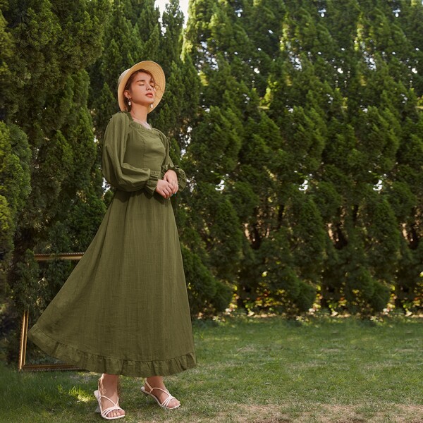 

Square Neck Flounce Sleeve Dress, Army green
