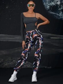 SHEIN BAE 鏤空抽繩不規則肩T恤 - 深灰色 - 查看 5