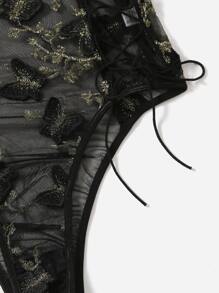 Embroidered Mesh Lace-Up Teddy Bodysuit Lingerie - Black - View 4