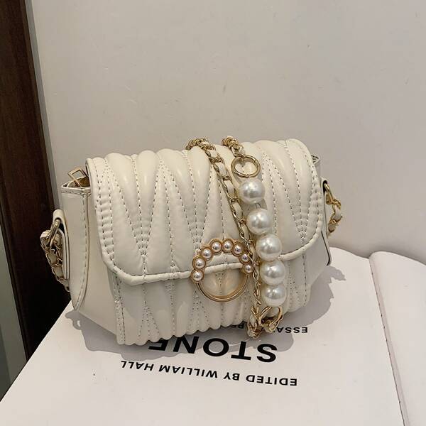 

Faux Pearl Decor Quilted Chain Crossbody Bag, White