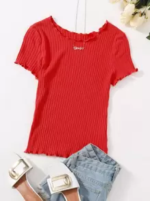 Muchica Ribbed Lettuce-Edge Form-Fitting Top - Red - View 1
