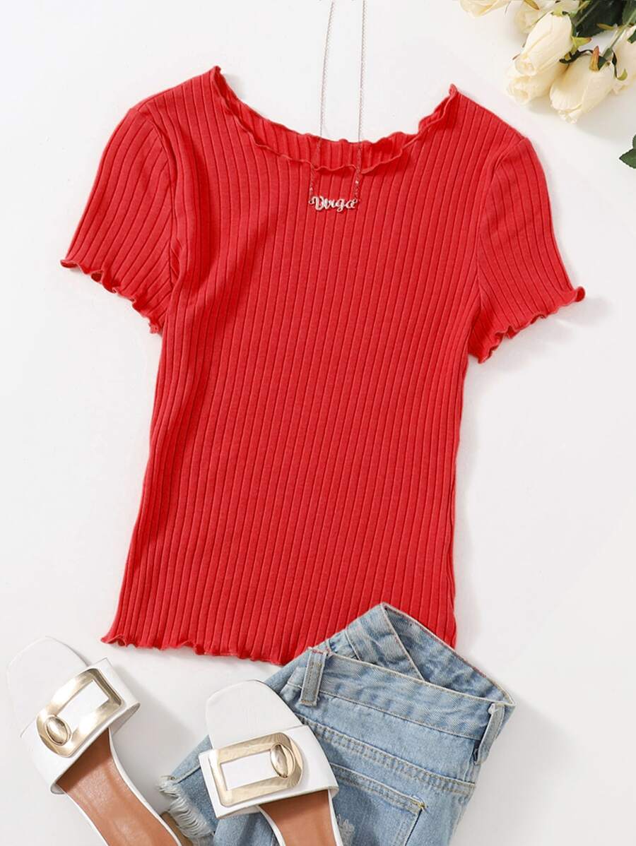 Muchica Ribbed Lettuce-Edge Form-Fitting Top - Red - View 1