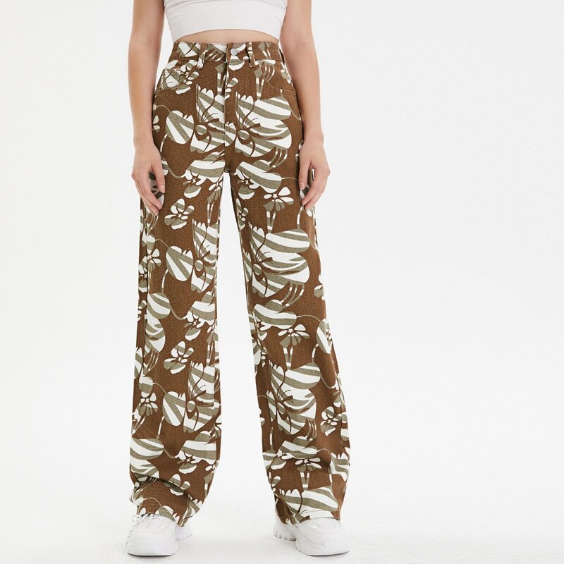 

High Waisted Floral Print Jeans, Multicolor