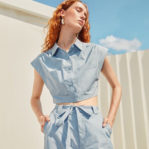 

Pocket Front Crop Blouse, Dusty blue
