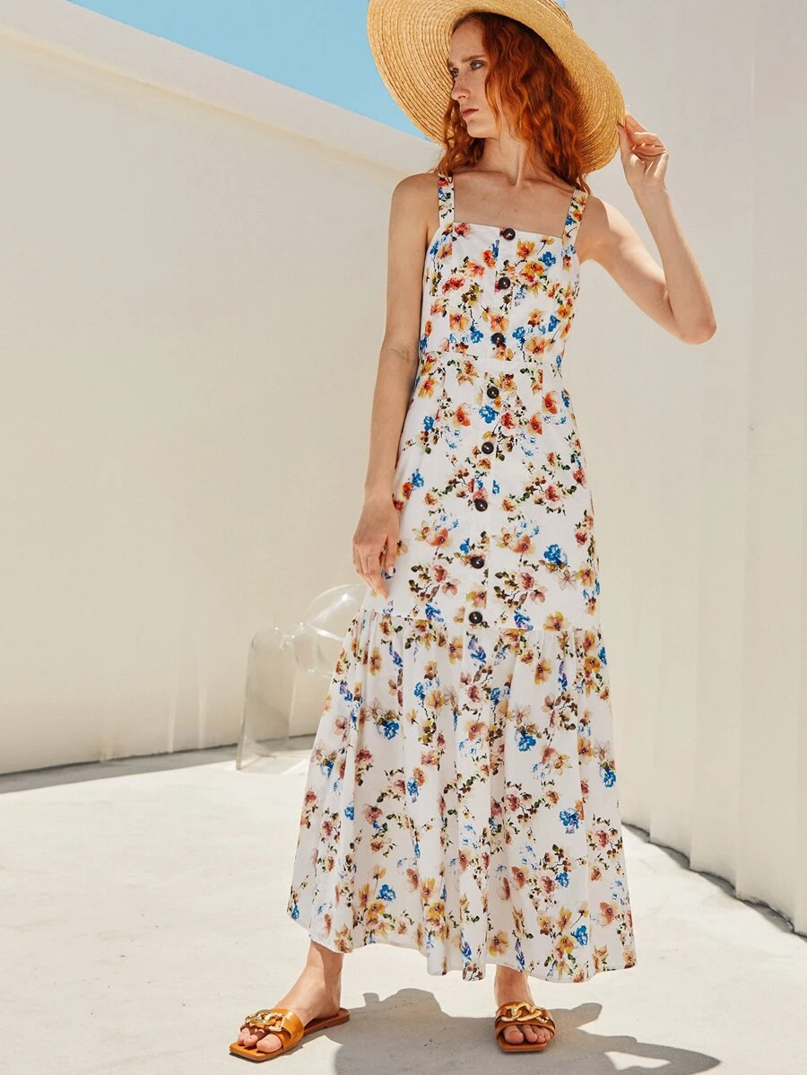 SHEIN Đầm Xù Nút phía trước Hoa Tất cả trên in Boho - Nhiều màu - Xem 1