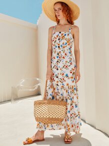 SHEIN Đầm Xù Nút phía trước Hoa Tất cả trên in Boho - Nhiều màu - Xem 4