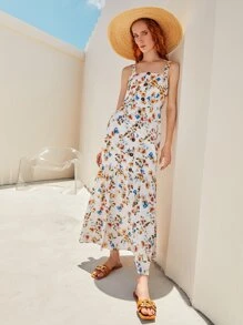 SHEIN Đầm Xù Nút phía trước Hoa Tất cả trên in Boho - Nhiều màu - Xem 5