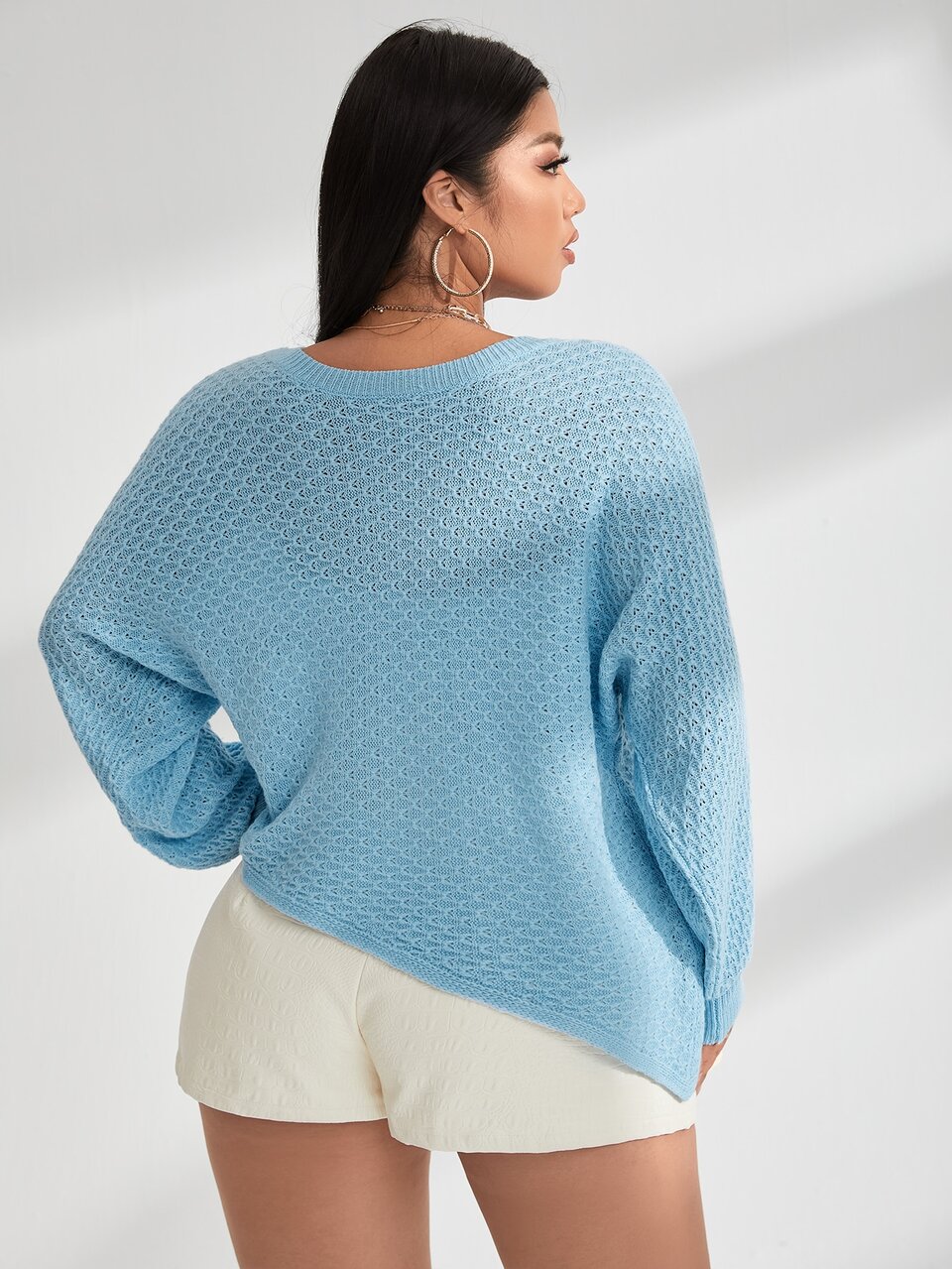 Plus Pointelle Knit Batwing Sleeve Asymmetrical Hem Sweater