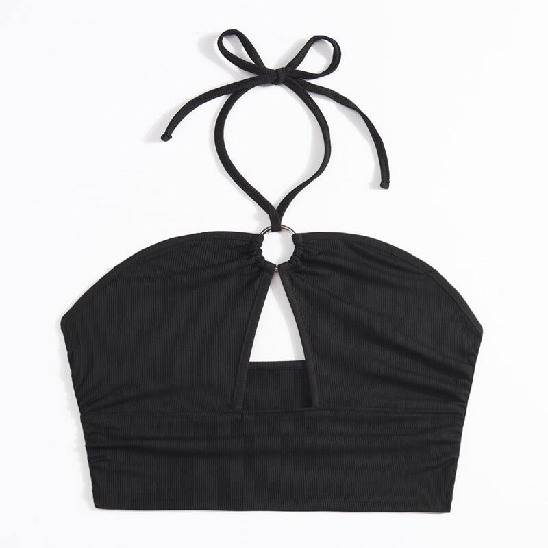 

Solid Ring Detail Halter Top, Black