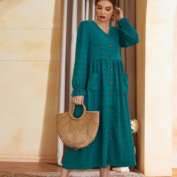 

Dual Pocket Button Front V-Neck Dress, Teal blue