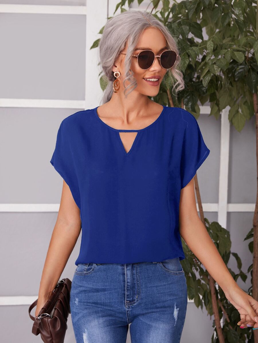 SHEIN LUNE Keyhole Neck Batwing Sleeve Blouse - Blue - View 1