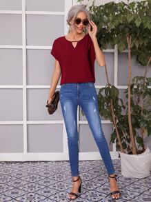 SHEIN LUNE Blusa de cuello con abertura de ojo de manga murciélago - Burdeos - Ver 5