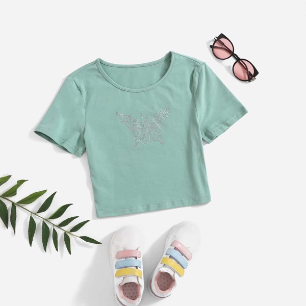 

Teen Girls Rhinestone Butterfly Beaded Tee, Mint green