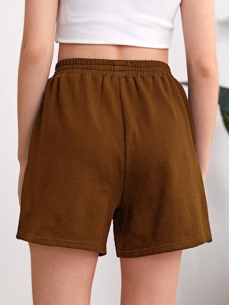 Teen Girls Elastic Waist Slant Pocket Solid Track Shorts - Brown - View 2