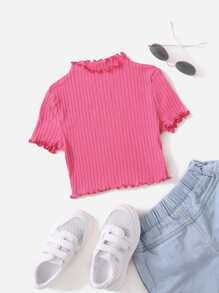 SHEIN 女孩小褶邊羅紋針織T恤