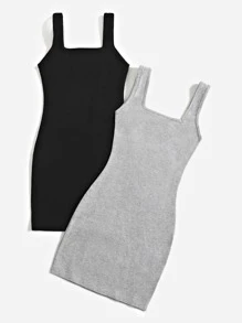 SHEIN Conjunto de 2 piezas para niña preadolescente con vestido de punto liso sin mangas - Multicolor - Ver 2