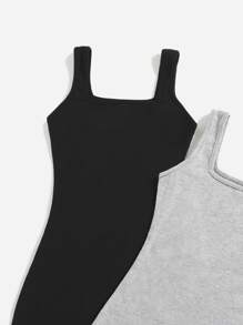 SHEIN Conjunto de 2 piezas para niña preadolescente con vestido de punto liso sin mangas - Multicolor - Ver 3