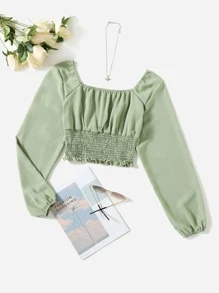 Mulvari Solid Ruched Bust Scoop Neck Shirred Blouse - Mint Green - View 1
