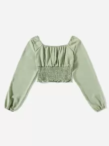 Mulvari Solid Ruched Bust Scoop Neck Shirred Blouse - Mint Green - View 2