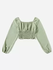 Mulvari Solid Ruched Bust Scoop Neck Shirred Blouse - Mint Green - View 4