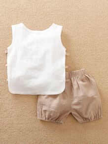 Yierying 小男童背心上衣和彈性腰帶短褲套裝 - 彩色 - 查看 2
