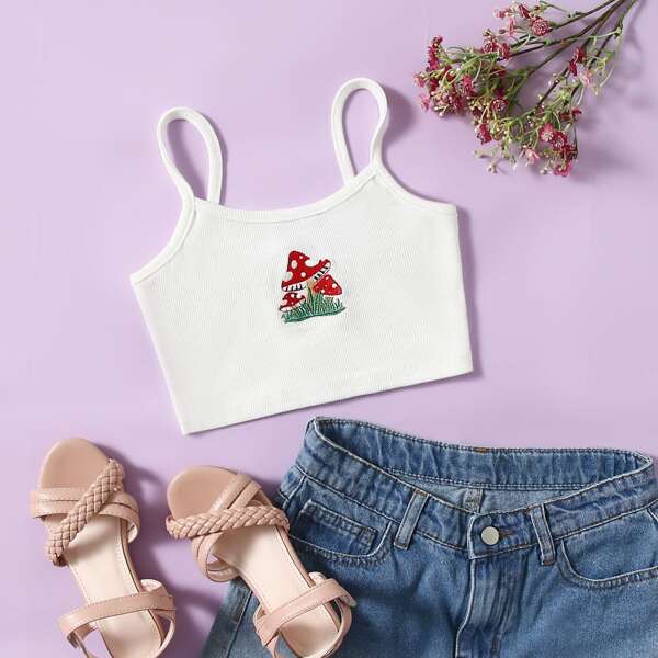 

Girls Mushroom Embroidered Cami Top, White