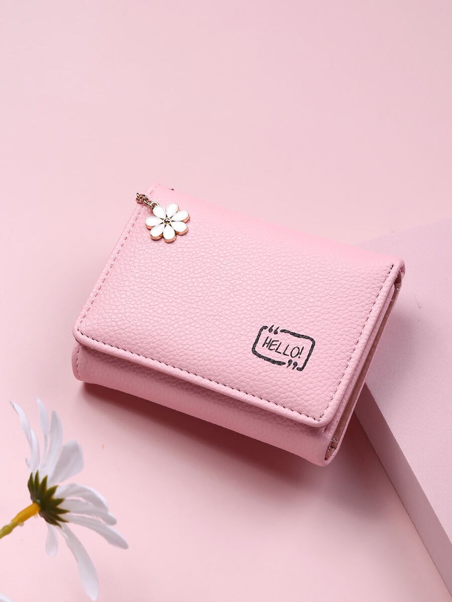 Litchi Embossed Small Wallet Trifold Flower Decor Business Casual